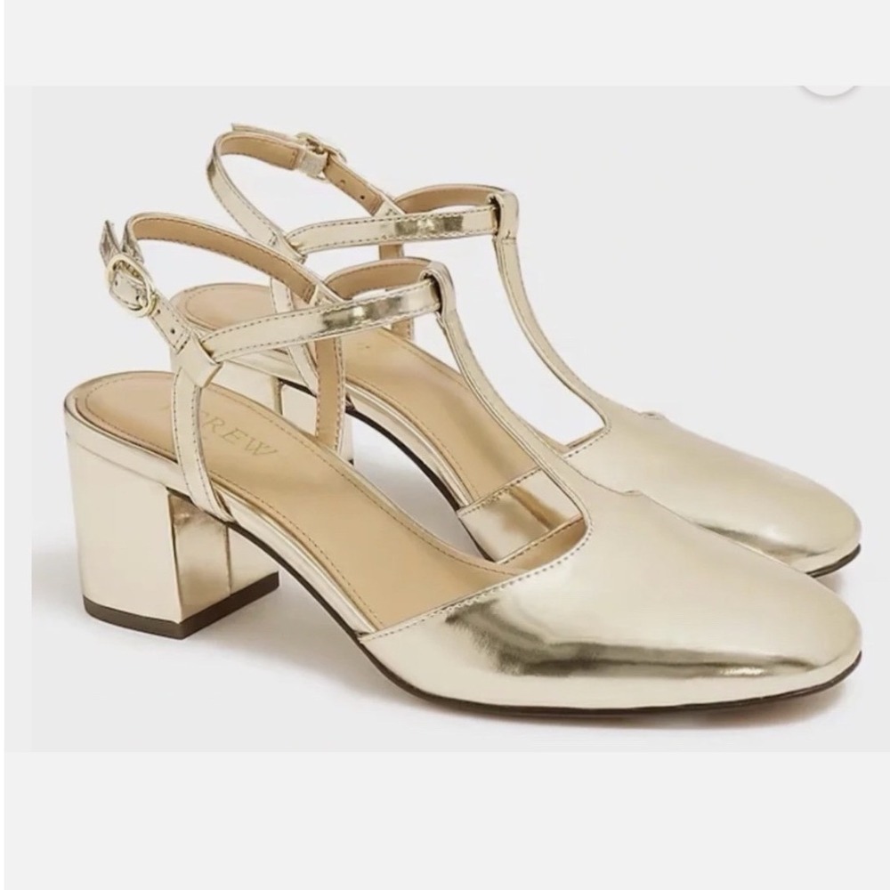 EUC w box J.Crew Womens T-Strap Metallic Gold Block Heel Pumps CD246 Size 7.5
